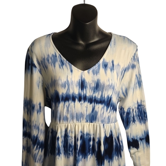 Simply Obsessed Dress Blue White Tie-dyed 3/4 Sleeves V-Neck Stretch Sz L NWT - Picture 3 of 10